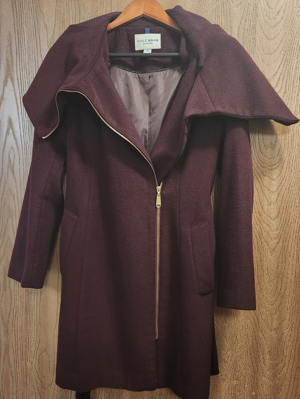 Cole Haan Deep Burgundy Wool-Blend Zip Coat with Wide Collar